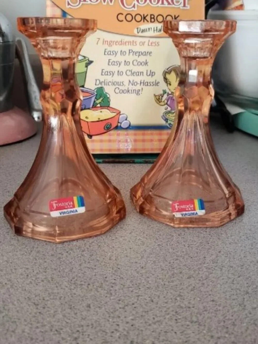 2 Peach Vintage FOSTORIA GLASS Heavy Pressed Glass CANDLESTICK HOLDERS